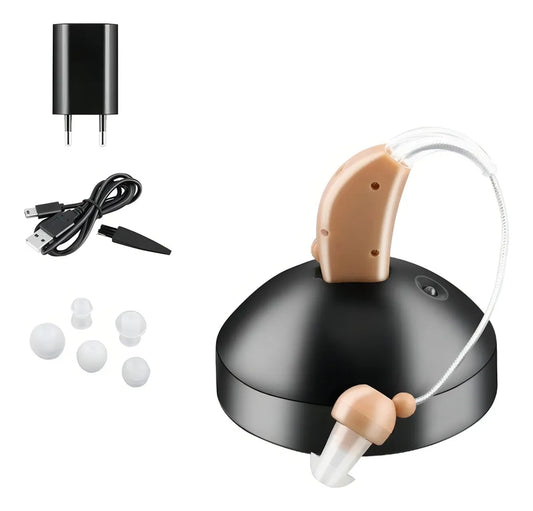 Audifono amplificador recargable con base